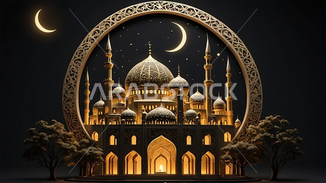 ديكورات وزينة وتصاميم اسلامية دينية فاخرة، مجسم ثلاثي الابعاد لمسجد مضيء على الطراز الاسلامي، أجواء رمضانية روحانية، الاعياد والمناسبات الدينية، العبادة والتقرب الى الله في شهر رمضان المبارك