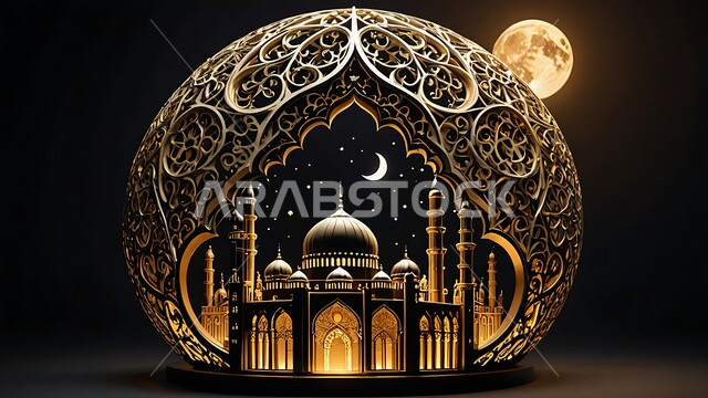 ديكورات وزينة وتصاميم اسلامية دينية فاخرة، مجسم ثلاثي الابعاد لمسجد مضيء على الطراز الاسلامي، أجواء رمضانية روحانية، الاعياد والمناسبات الدينية، العبادة والتقرب الى الله في شهر رمضان المبارك