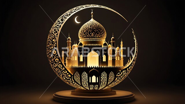 ديكورات وزينة وتصاميم اسلامية دينية فاخرة، مجسم ثلاثي الابعاد لمسجد مضيء على الطراز الاسلامي، أجواء رمضانية روحانية، الاعياد والمناسبات الدينية، العبادة والتقرب الى الله في شهر رمضان المبارك