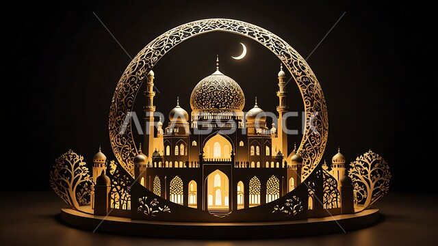 Luxury Islamic religious decorations, ornaments and designs, a three-dimensional model of a mosque illuminated in the Islamic style, a spiritual Ramadan atmosphere, religious holidays and occasions, worship and drawing closer to God in the holy month of Ramadan