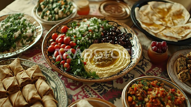  المقبلات النباتية الباردة اللذيذة، طبق من كريم الحمص اللذيذ المزين بالتوابل والخضراوات،  وصفات طعام شرقية عربية سعودية، تزيين الطعام بأساليب فنية، فطور عربي تقليدي، مأكولات وأطباق شعبية تقليدية