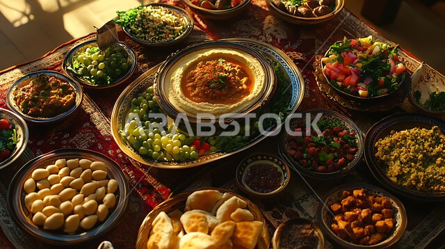  المقبلات النباتية الباردة اللذيذة، طبق من كريم الحمص اللذيذ المزين بالتوابل والخضراوات،  وصفات طعام شرقية عربية سعودية، تزيين الطعام بأساليب فنية، فطور عربي تقليدي، مأكولات وأطباق شعبية تقليدية