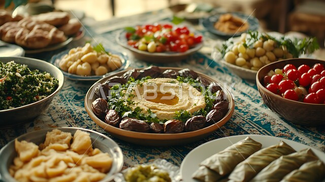  المقبلات النباتية الباردة اللذيذة، طبق من كريم الحمص اللذيذ المزين بالتوابل والخضراوات،  وصفات طعام شرقية عربية سعودية، تزيين الطعام بأساليب فنية، فطور عربي تقليدي، مأكولات وأطباق شعبية تقليدية