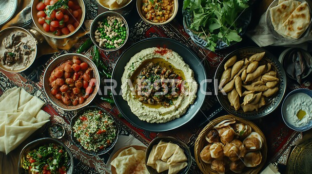  المقبلات النباتية الباردة اللذيذة، طبق من كريم الحمص اللذيذ المزين بالتوابل والخضراوات،  وصفات طعام شرقية عربية سعودية، تزيين الطعام بأساليب فنية، فطور عربي تقليدي، مأكولات وأطباق شعبية تقليدية