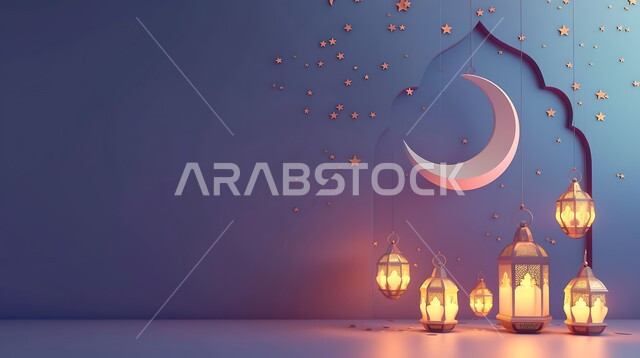 فوانيس وتحف وديكورات تقليدية للاحتفال بقدوم شهر رمضان المبارك، العادات والتقاليد العربية في زينة الأعياد والمناسبات الدينية، فانوس عربي معدني مزخرف مضيء على الأرض، أجواء رمضانية وروحانية إسلامية