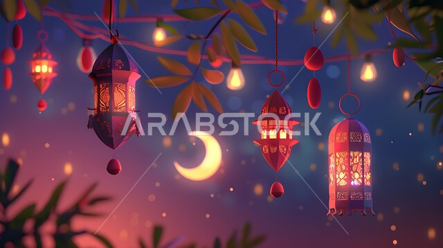 فوانيس وتحف وديكورات تقليدية للاحتفال بقدوم شهر رمضان المبارك، العادات والتقاليد العربية في زينة الأعياد والمناسبات الدينية، فانوس عربي معدني مزخرف مضيء على الأرض، أجواء رمضانية وروحانية إسلامية