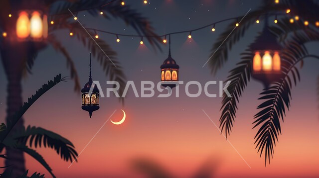 فوانيس وتحف وديكورات تقليدية للاحتفال بقدوم شهر رمضان المبارك، العادات والتقاليد العربية في زينة الأعياد والمناسبات الدينية، فانوس عربي معدني مزخرف مضيء على الأرض، أجواء رمضانية وروحانية إسلامية