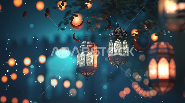 فوانيس وتحف وديكورات تقليدية للاحتفال بقدوم شهر رمضان المبارك، العادات والتقاليد العربية في زينة الأعياد والمناسبات الدينية، فانوس عربي معدني مزخرف مضيء على الأرض، أجواء رمضانية وروحانية إسلامية