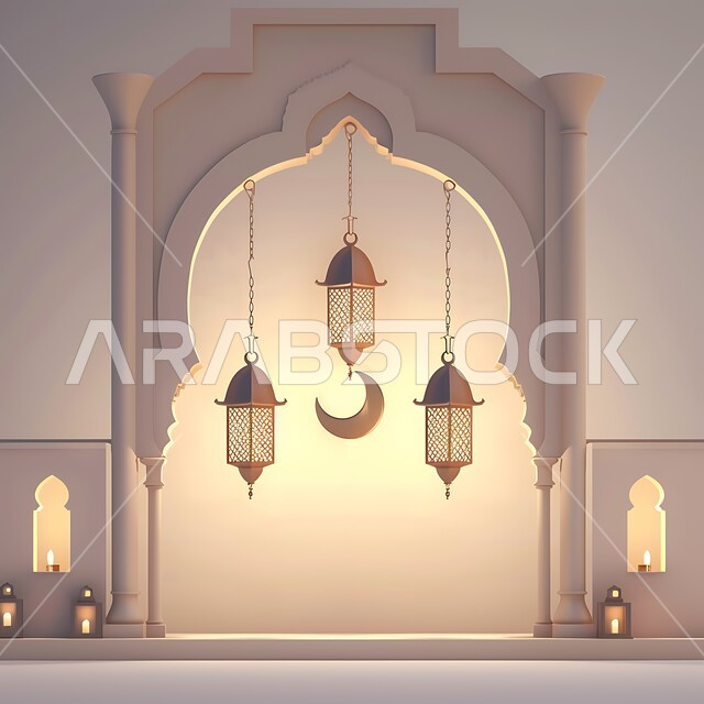 فوانيس وتحف وديكورات تقليدية للاحتفال بقدوم شهر رمضان المبارك، العادات والتقاليد العربية في زينة الأعياد والمناسبات الدينية، فانوس عربي معدني مزخرف مضيء على الأرض، أجواء رمضانية وروحانية إسلامية