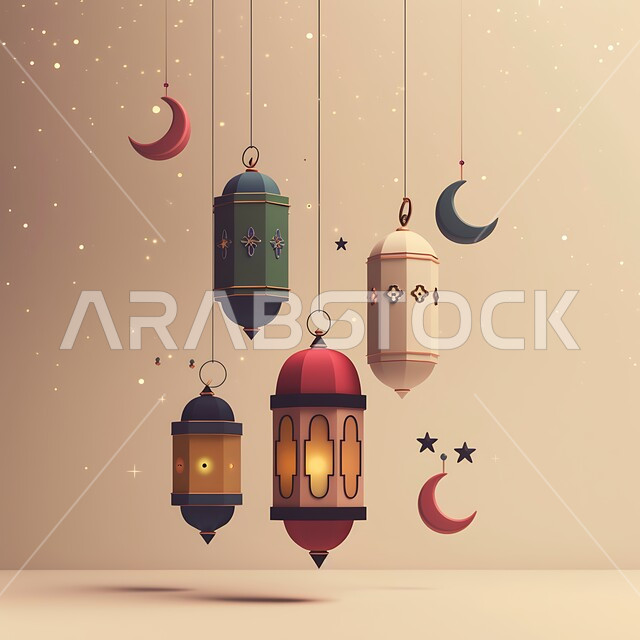  فانوس عربي معدني مزخرف مضيء على الأرض، أجواء رمضانية وروحانية إسلامية فوانيس وتحف وديكورات تقليدية للاحتفال بقدوم شهر رمضان المبارك، العادات والتقاليد العربية في زينة الأعياد والمناسبات الدينية