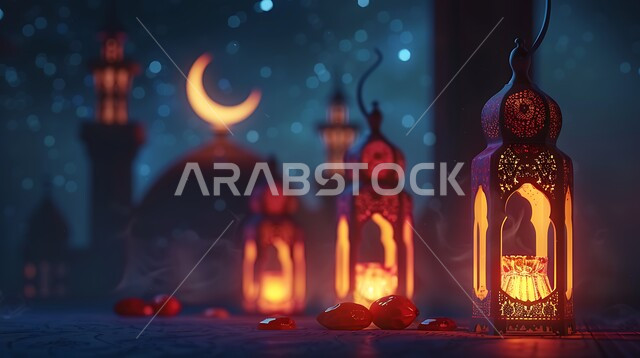  فانوس عربي معدني مزخرف مضيء على الأرض، أجواء رمضانية وروحانية إسلامية فوانيس وتحف وديكورات تقليدية للاحتفال بقدوم شهر رمضان المبارك، العادات والتقاليد العربية في زينة الأعياد والمناسبات الدينية
