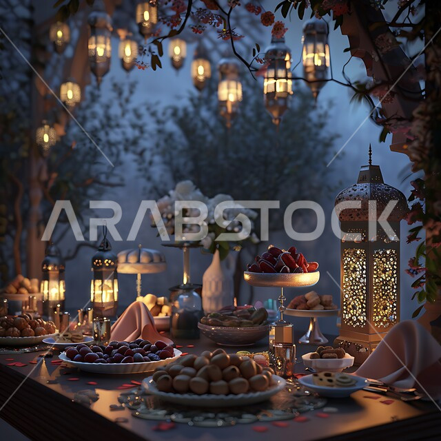 زينة شهر رمضان المبارك, حسن استقبال الضيوف والزوار، طاولة رمضانية مزينة بالفوانيس المضيئة, مائدة مليئة بأصناف الطعام المختلفة, الاجتماع حول سفرة الافطار, الكرم وتقديم أشهى المأكولات والحلويات، مفهوم الضيافة العربية، الاحتفال بالمناسبات الاسلامية 