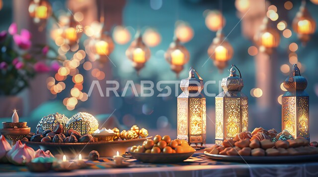 زينة شهر رمضان المبارك, حسن استقبال الضيوف والزوار، طاولة رمضانية مزينة بالفوانيس المضيئة, مائدة مليئة بأصناف الطعام المختلفة, الاجتماع حول سفرة الافطار, الكرم وتقديم أشهى المأكولات والحلويات، مفهوم الضيافة العربية، الاحتفال بالمناسبات الاسلامية 
