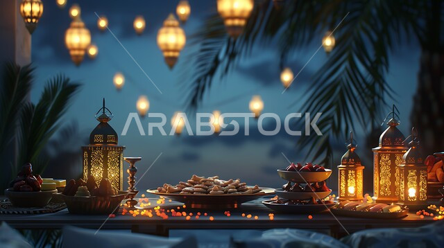 Decorations for the holy month of Ramadan, welcoming guests and visitors, a Ramadan table decorated with illuminated lanterns, a table full of different types of food, meeting around the iftar table, generosity and providing the most delicious food and sweets, the concept of Arab hospitality, celebrating Islamic occasions.