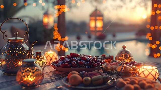 Decorations for the holy month of Ramadan, welcoming guests and visitors, a Ramadan table decorated with illuminated lanterns, a table full of different types of food, meeting around the iftar table, generosity and providing the most delicious food and sweets, the concept of Arab hospitality, celebrating Islamic occasions.