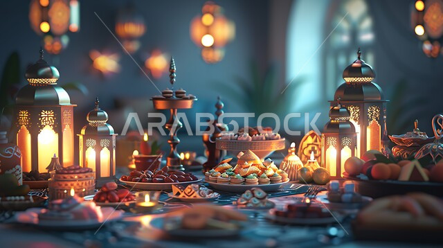 زينة شهر رمضان المبارك, حسن استقبال الضيوف والزوار، طاولة رمضانية مزينة بالفوانيس المضيئة, مائدة مليئة بأصناف الطعام المختلفة, الاجتماع حول سفرة الافطار, الكرم وتقديم أشهى المأكولات والحلويات، مفهوم الضيافة العربية، الاحتفال بالمناسبات الاسلامية 