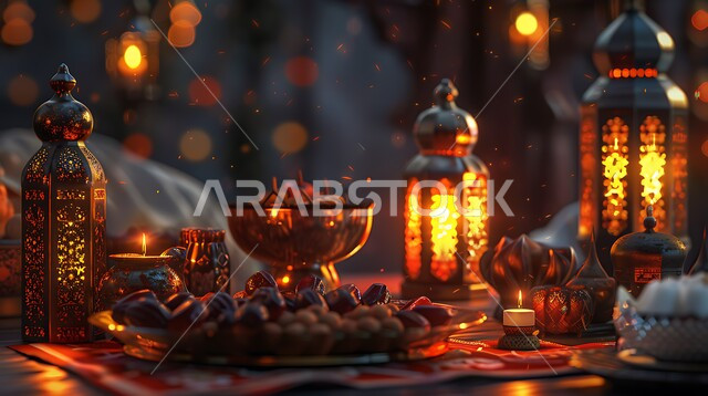 زينة شهر رمضان المبارك, حسن استقبال الضيوف والزوار، طاولة رمضانية مزينة بالفوانيس المضيئة, مائدة مليئة بأصناف الطعام المختلفة, الاجتماع حول سفرة الافطار, الكرم وتقديم أشهى المأكولات والحلويات، مفهوم الضيافة العربية، الاحتفال بالمناسبات الاسلامية 