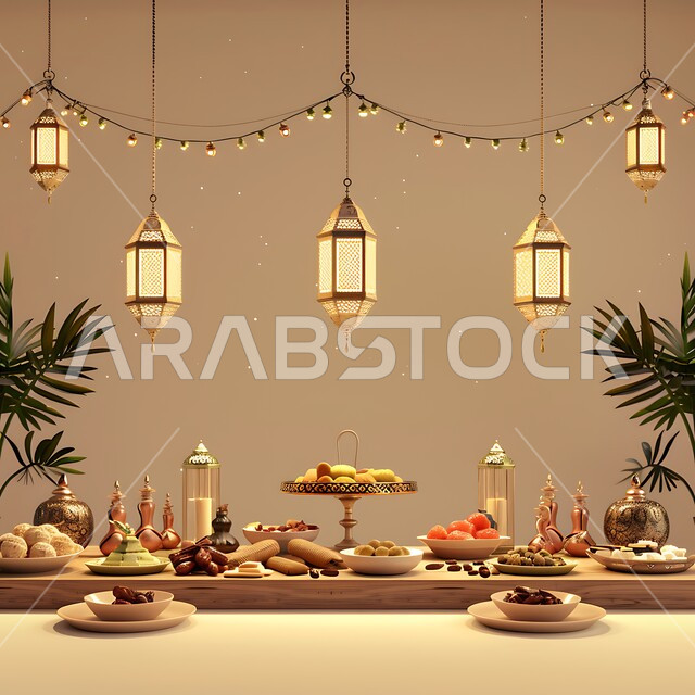 زينة شهر رمضان المبارك, حسن استقبال الضيوف والزوار، طاولة رمضانية مزينة بالفوانيس المضيئة, مائدة مليئة بأصناف الطعام المختلفة, الاجتماع حول سفرة الافطار, الكرم وتقديم أشهى المأكولات والحلويات، مفهوم الضيافة العربية، الاحتفال بالمناسبات الاسلامية 