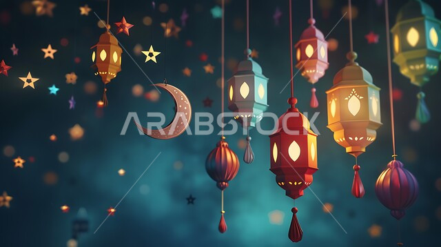 فانوس عربي معدني مزخرف مضيء على الأرض، أجواء رمضانية وروحانية إسلامية فوانيس وتحف وديكورات تقليدية للاحتفال بقدوم شهر رمضان المبارك، العادات والتقاليد العربية في زينة الأعياد والمناسبات الدينية
