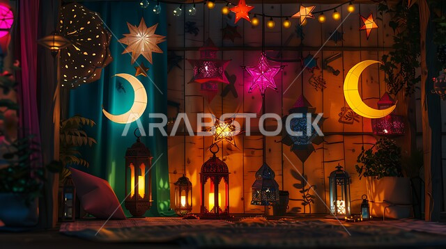  فانوس عربي معدني مزخرف مضيء على الأرض، أجواء رمضانية وروحانية إسلامية فوانيس وتحف وديكورات تقليدية للاحتفال بقدوم شهر رمضان المبارك، العادات والتقاليد العربية في زينة الأعياد والمناسبات الدينية