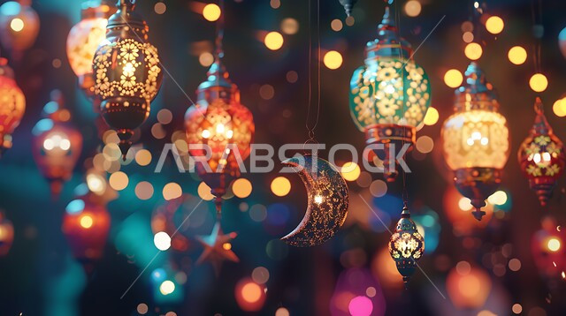  فانوس عربي معدني مزخرف مضيء على الأرض، أجواء رمضانية وروحانية إسلامية فوانيس وتحف وديكورات تقليدية للاحتفال بقدوم شهر رمضان المبارك، العادات والتقاليد العربية في زينة الأعياد والمناسبات الدينية