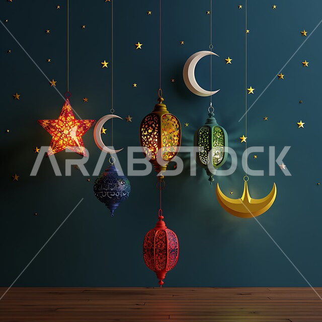  فانوس عربي معدني مزخرف مضيء على الأرض، أجواء رمضانية وروحانية إسلامية فوانيس وتحف وديكورات تقليدية للاحتفال بقدوم شهر رمضان المبارك، العادات والتقاليد العربية في زينة الأعياد والمناسبات الدينية
