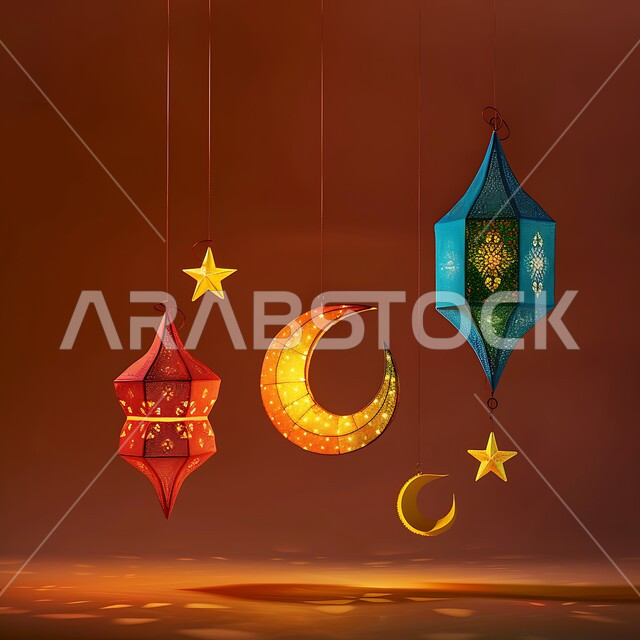  العادات والتقاليد العربية في زينة الأعياد والمناسبات الدينية، فانوس عربي معدني مزخرف مضيء على الأرض، أجواء رمضانية وروحانية إسلامية فوانيس وتحف وديكورات تقليدية للاحتفال بقدوم شهر رمضان المبارك