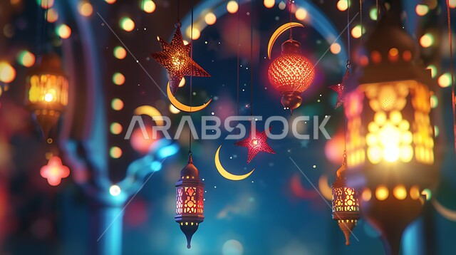 Arab customs and traditions in decorating holidays and religious occasions, an Arabic decorative metal lantern illuminated on the ground, Ramadan atmosphere and Islamic spirituality, lanterns, antiques and traditional decorations to celebrate the arrival of the holy month of Ramadan