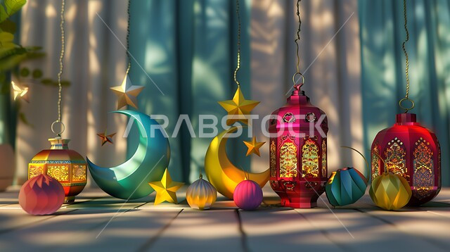 العادات والتقاليد العربية في زينة الأعياد والمناسبات الدينية، فانوس عربي معدني مزخرف مضيء على الأرض، أجواء رمضانية وروحانية إسلامية فوانيس وتحف وديكورات تقليدية للاحتفال بقدوم شهر رمضان المبارك