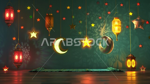 العادات والتقاليد العربية في زينة الأعياد والمناسبات الدينية، فانوس عربي معدني مزخرف مضيء على الأرض، أجواء رمضانية وروحانية إسلامية فوانيس وتحف وديكورات تقليدية للاحتفال بقدوم شهر رمضان المبارك