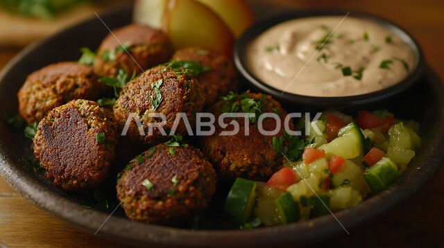 المأكولات والوصفات الشرقية، طبق من اقراص الفلافل المقرمشة مع الخضروات الطازجة واللبن، وجبات الطعام الشعبية الشهية، المطاعم التقليدية في المملكة العربية السعودية، أطعمة غنية بالحبوب والبروتينات