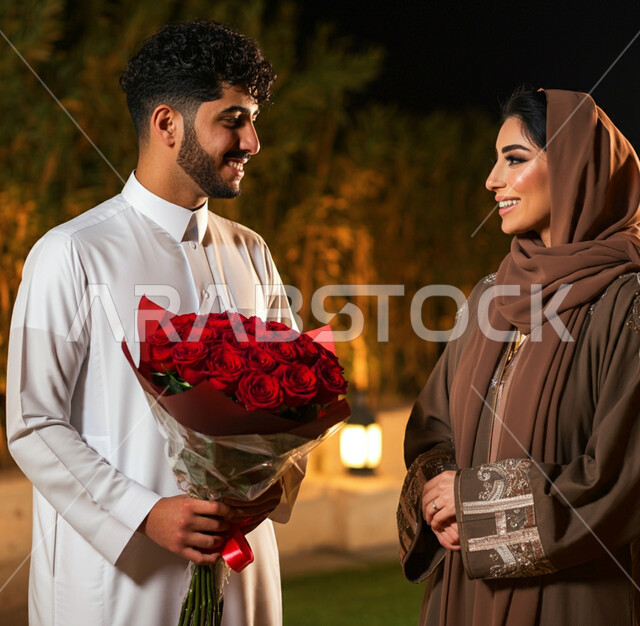 تبادل نظرات الحب والمودة بين الزوجين، رجل عربي خليجي سعودي يرتدي الثوب التقليدي يقوم بتقديم باقة من الورد الأحمر إلى زوجته بإيماءات السعادة والحنان، مفهوم التقدير والإهداء، تعزيز مشاعر المحبة والألفة في العلاقة الزوجية، تقوية الروابط الأسرية 