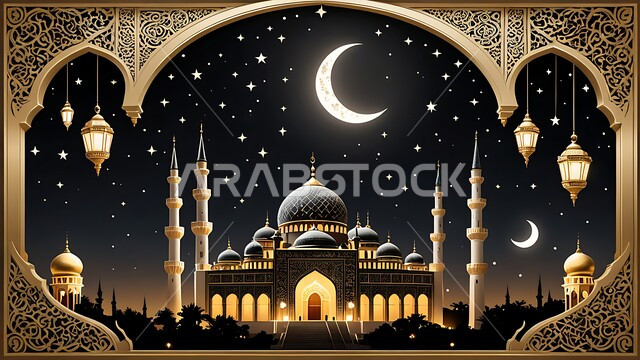 الزينة والفوانيس الرمضانية، الإحتفال بقدوم شهر الخير والمغفرة، الفن الهندسي المعماري للقبب والمآذن، العبادة والتقرب إلى الله، هلال رمضان المبارك وسط السماء، أماكن آداء الفرائض والصلوات في المملكة العربية السعودية، مسجد على الطراز العربي الإسلامي