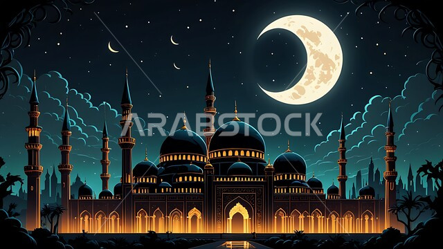 هلال رمضان المبارك وسط السماء، أماكن آداء الفرائض والصلوات في المملكة العربية السعودية، مسجد على الطراز العربي الإسلامي، الزينة والفوانيس الرمضانية، الاحتفال بقدوم شهر الخير والمغفرة، الفن الهندسي المعماري للقبب والمآذن، العبادة والتقرب إلى الله