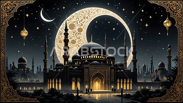 الزينة والفوانيس الرمضانية، الإحتفال بقدوم شهر الخير والمغفرة، الفن الهندسي المعماري للقبب والمآذن، العبادة والتقرب إلى الله، هلال رمضان المبارك وسط السماء، أماكن آداء الفرائض والصلوات في المملكة العربية السعودية، مسجد على الطراز العربي الإسلامي