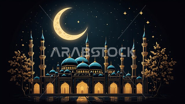 هلال رمضان المبارك وسط السماء، أماكن آداء الفرائض والصلوات في المملكة العربية السعودية، مسجد على الطراز العربي الإسلامي، الزينة والفوانيس الرمضانية، الاحتفال بقدوم شهر الخير والمغفرة، الفن الهندسي المعماري للقبب والمآذن، العبادة والتقرب إلى الله