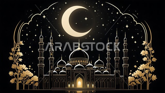 أماكن آداء الفرائض والصلوات في المملكة العربية السعودية، مسجد على الطراز العربي الإسلامي، هلال رمضان المبارك وسط السماء، الزينة والفوانيس الرمضانية، الاحتفال بقدوم شهر الخير والمغفرة، الفن الهندسي المعماري للقبب والمآذن، العبادة والتقرب إلى الله