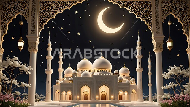 هلال رمضان المبارك وسط السماء، أماكن آداء الفرائض والصلوات في المملكة العربية السعودية، مسجد على الطراز العربي الإسلامي، الزينة والفوانيس الرمضانية، الاحتفال بقدوم شهر الخير والمغفرة، الفن الهندسي المعماري للقبب والمآذن، العبادة والتقرب إلى الله