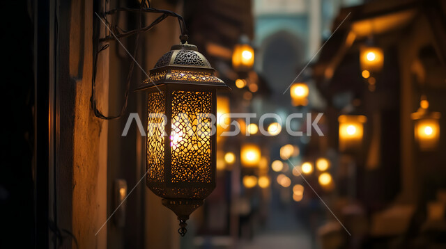مصابيح عربية تقليدية معلقة, فانوس مزخرف معدني مضيء, ديكورات وزينة و أنوار الاحتفالات بالمناسبات و الأعياد الدينية الإسلامية, البهجة بقدوم رمضان المبارك, الأجواء الروحانية في الأيام الفضيلة, الاستعداد لاستقبال الشهر الفضيل