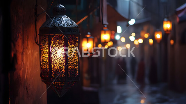 Traditional Arabic hanging lamps, illuminated metal decorative lantern, decorations, ornaments and lights for celebrations of Islamic religious occasions and holidays, the joy of the coming of the blessed Ramadan, the spiritual atmosphere in the virtuous days, preparing to receive the holy month