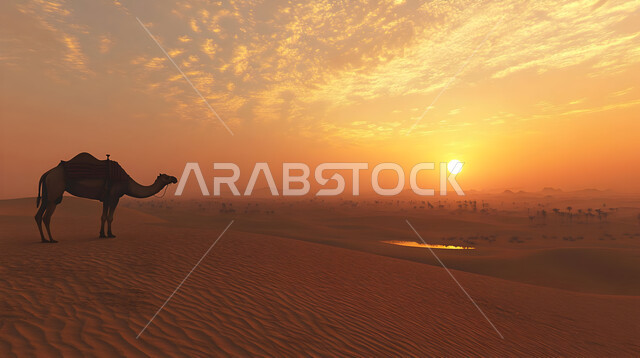 الاهتمام في تربية الجمال و الإبل، صورة مقربة لحيوان الجمل يقف وسط صحراء المملكة العربية السعودية، الكثبان الرملية و المناطق الصحراوية، مفهوم رعاية المواشي والثدييات، المناظر الطبيعية في الصحاري