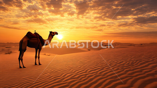 الاهتمام في تربية الجمال و الإبل، صورة مقربة لحيوان الجمل يقف وسط صحراء المملكة العربية السعودية، الكثبان الرملية و المناطق الصحراوية، مفهوم رعاية المواشي والثدييات، المناظر الطبيعية في الصحاري
