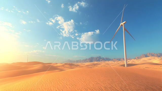 التنمية المستدامة بالطاقة البديلة في المملكة العربية السعودية، حقول توربينات الرياح وطواحين الهواء وسط الرمال الذهبية في المناطق الصحرواية، مفهوم استخدام الطاقات المتجددة صديقة البيئة