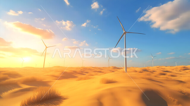  التنمية المستدامة بالطاقة البديلة في المملكة العربية السعودية، حقول توربينات الرياح وطواحين الهواء وسط الرمال الذهبية في المناطق الصحرواية، مفهوم استخدام الطاقات المتجددة صديقة البيئة