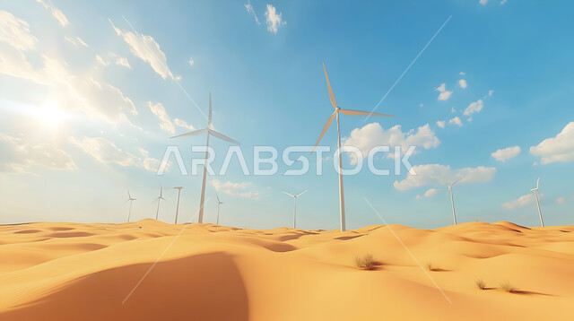  التنمية المستدامة بالطاقة البديلة في المملكة العربية السعودية، حقول توربينات الرياح وطواحين الهواء وسط الرمال الذهبية في المناطق الصحرواية، مفهوم استخدام الطاقات المتجددة صديقة البيئة