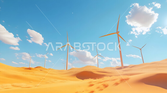  التنمية المستدامة بالطاقة البديلة في المملكة العربية السعودية، حقول توربينات الرياح وطواحين الهواء وسط الرمال الذهبية في المناطق الصحرواية، مفهوم استخدام الطاقات المتجددة صديقة البيئة