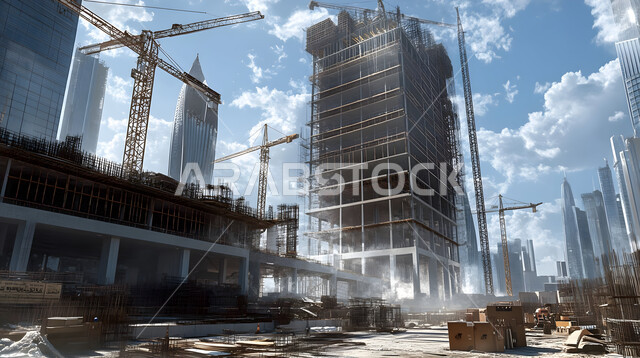 مفهوم الهندسة الانشائية والمعمارية، مبنى قيد الانشاء في المملكة العربية السعودية, موقع بناء مزدحم بالآلات والمعدات الثقيلة والرافعات والسقالات العالية, اعمال البناء وصب الخرسانات ووضع الأساسات، تنفيذ مخطط الإعمار وتشكيل الهيكل المعدني