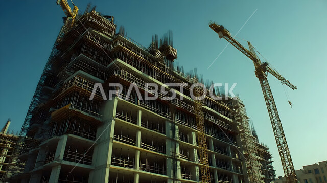 مفهوم الهندسة الانشائية والمعمارية، مبنى قيد الانشاء في المملكة العربية السعودية, موقع بناء مزدحم بالآلات والمعدات الثقيلة والرافعات والسقالات العالية, اعمال البناء وصب الخرسانات ووضع الأساسات، تنفيذ مخطط الإعمار وتشكيل الهيكل المعدني