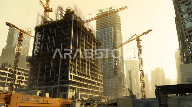 Structural and architectural engineering concept, a building under construction in the Kingdom of Saudi Arabia, a construction site crowded with machinery, heavy equipment, cranes and high scaffolding, construction work, pouring concrete and laying foundations, implementing the reconstruction plan and forming the metal structure