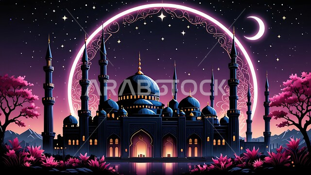 أداء الفرائض والصلوات، صورة ظلية لمسجد عربي فاخر، منظر السماء المليئة بالنجوم مع الهلال، مفهوم العبادة والتقرب إلى الله، الفن الهندسي المعماري للمساجد، ديكورات وتصاميم متميزة للقبب والمآذن على الطراز الاسلامي، خلفيات دينية رمضانية، سالوليت